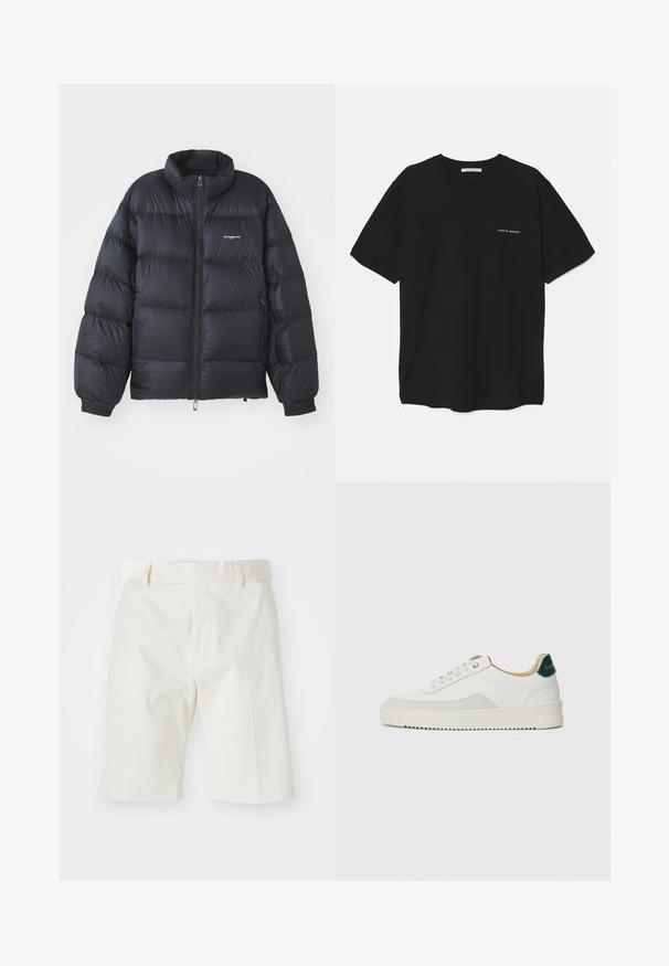 Veste en duvet noire avec col haut, fermeture éclair, poignets élastiques et logo sur la poitrine. Matériau lisse et brillant avec un design rembourré.; T-shirt en coton noir avec un col rond, des manches courtes et un logo blanc imprimé sur la poitrine gauche. Design simple, couleur unie.; Shorts en coton blanc avec une coupe droite, présente un devant plat, des passants de ceinture et une texture lisse. Aucuns motifs ou accents visibles.; Baskets blanches avec des accents en daim, bout arrondi, lacets plats et semelle en caoutchouc crème. Présente une marque verte sur le talon.