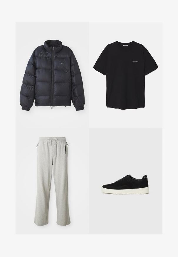 Črna puffer jakna z visokim ovratnikom, zadrgo, elastičnimi manšeti in logotipom na prsih. Gladek, sijoč material s podloženo zasnovo.; Črna bombažna majica s kratkimi rokavi in okroglim ovratnikom, z belim logotipom natisnjenim na levi prsni strani. Preprost, enobarven dizajn.; Sive trenirke iz mehkega materiala, z vrvico za prilagajanje v pasu, stranskimi žepki in tiskanim logotipom vzdolž leve noge.; Črni semiš teniški copati z vezalkami in kontrastnim belim gumijastim podplatom. Imajo teksturirane stranske panele in subtilno oznako na peti.