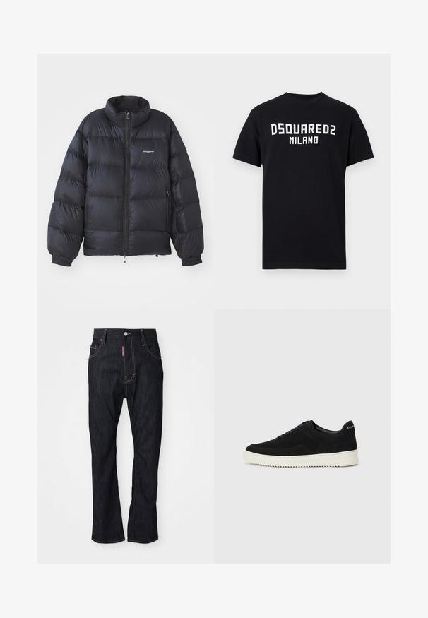 Veste en duvet noire avec col haut, fermeture éclair, poignets élastiques et logo sur la poitrine. Matériau lisse et brillant avec un design rembourré.; T-shirt noir à manches courtes avec le texte blanc "DSQUARED2 MILANO" centré sur la poitrine, col rond et ourlet droit.; Jean droit bleu foncé avec des coutures jaunes, bouton avant, zip et étiquette rouge sur le bord de la poche droite.; Baskets en daim noir avec un design à lacets et une semelle en caoutchouc blanc contrastant. Comprend des panneaux latéraux texturés et un logo subtil sur le talon.