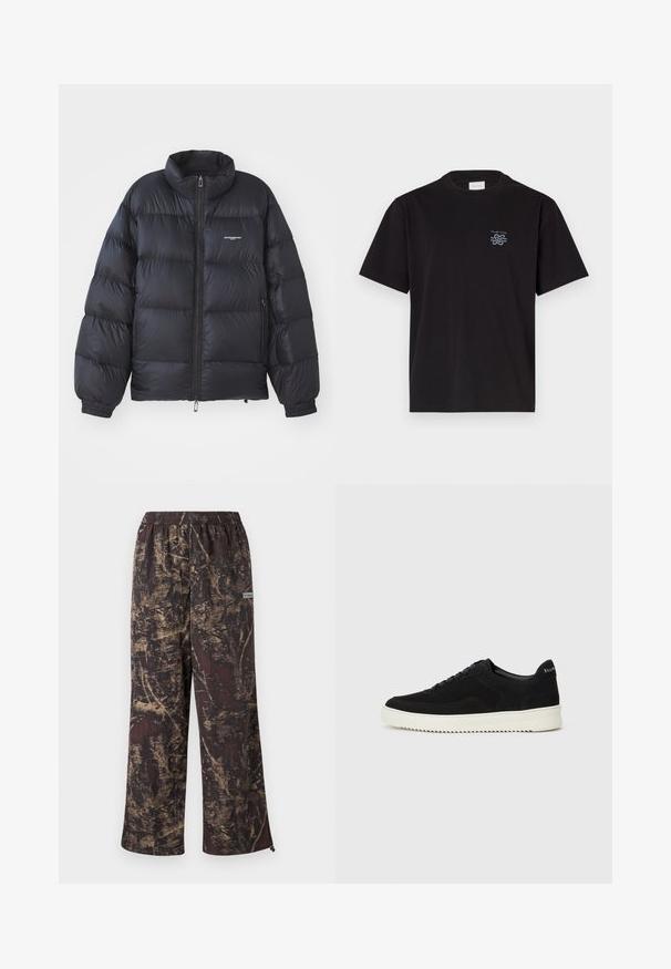 Jachetă neagră tip puffer, cu guler înalt, închidere cu fermoar, manșete elastice și un logo pe piept. Material neted, lucios, cu un design căptușit.; Tricou din bumbac negru cu guler rotund și mâneci scurte. Prezintă un mic logo albastru pe partea stângă a pieptului. Design simplu, cu tăietură dreaptă.; Pantaloni largi cu o bază de culoare maro închis, decorată cu un model texturat de culoare aurie. Talie elastică cu un etichetă logo pe lateral.; Adidași negri din suede cu design cu șireturi și talpă din cauciuc alb contrastant. Prezintă panouri laterale texturate și branding subtil pe toc.