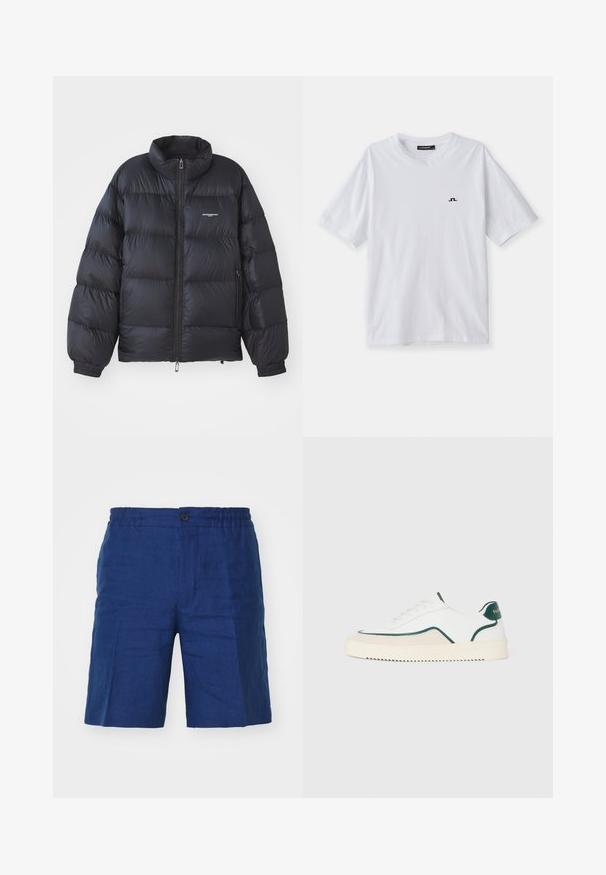 Melns pūkains jaka ar augstu apkakli, rāvējslēdzēja aizdari, elastīgām aprocēm un logotipu uz krūšdaļas. Gluda, spīdīga auduma, ar polsterētu dizainu.; Balts kokvilnas t-krekls ar apaļu kakla izgriezumu un īsām piedurknēm, ar mazu melnu logotipu uz krūtīm. Gluda tekstūra un brīvs griezums.; J.LINDEBERG BARON - Šorti - estate blue; Baltās zemas tenisa kedas ar zaļām malām, beigu zamšādas detaļām un krēmkrāsas zoli ar rievotu apakšu.