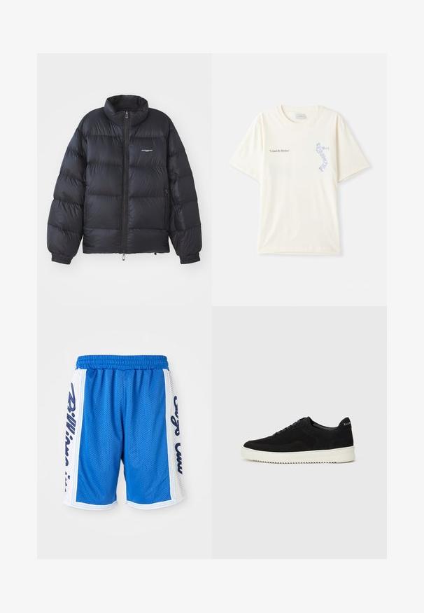 Jachetă neagră tip puffer, cu guler înalt, închidere cu fermoar, manșete elastice și un logo pe piept. Material neted, lucios, cu un design căptușit.; T-shirt alb din bumbac cu mâneci scurte, având textul „United By Rhythm” în grafică neagră și albastră pe piept. Design cu guler rotund.; Șorturi atletice din plasă albastră, cu un talie elastică, având panouri laterale albe și detalii cu litere negre pe ambele părți.; Adidași negri din suede cu design cu șireturi și talpă din cauciuc alb contrastant. Prezintă panouri laterale texturate și branding subtil pe toc.