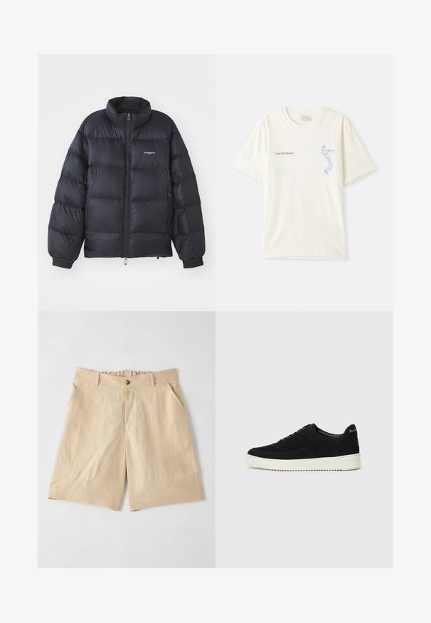 Chaqueta de plumas negra con cuello alto, cierre de cremallera, puños elásticos y un logo en el pecho. Material suave y brillante con un diseño acolchado.; Camiseta de algodón blanca con mangas cortas, que presenta el texto "United By Rhythm" en un gráfico negro y azul en el pecho. Diseño de cuello redondo.; Paul Smith Shorts - sand; Zapatilla de ante negra con diseño de cordones y suela de goma blanca contrastante. Presenta paneles laterales texturizados y un sutil logo en el talón.