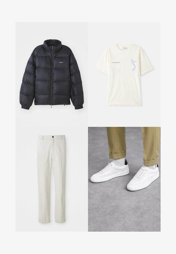 Černá péřová bunda s vysokým límcem, zipovým zapínáním, elastickými manžetami a logem na hrudi. Hladký, lesklý materiál s polstrovaným designem.; Bílá bavlněná tričko s krátkým rukávem, se zapnutím "United By Rhythm" v černé a modré grafikou na hrudi. Kulatý výstřih.; Krémové kalhoty rovného střihu s poutky na opasek, předním knoflíkem a zipem, vystavené na bílém pozadí.; Bílé tenisky s texturovaným koženým povrchem, zaoblenou špičkou a černým akcentem na patě. Gumová podrážka s malým vzorem a šitými detaily.