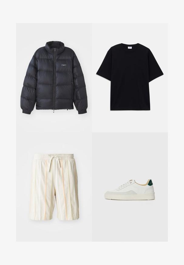 Crna puffer jakna s visokim ovratnikom, patentnim zatvaračem, elastičnim rukavima i logom na prsima. Glatki, sjajni materijal s podstavljenim dizajnom.; Crna kratka oversized majica s kratkim rukavima i okruglim izrezom, s vidljivom etiketom branda Filippa K unutar ovratnika.; Bijele lagane kratke hlače s vertikalnim prugama u narančastoj, žutoj i zelenoj boji. Imaju elastičnu waistband s vezanjem.; Bijele tenisice s akcentima od antilopa, zaobljenim vrhom, ravnim vezicama i krem gumenim potplatom. Imaju zelenu oznaku na peti.