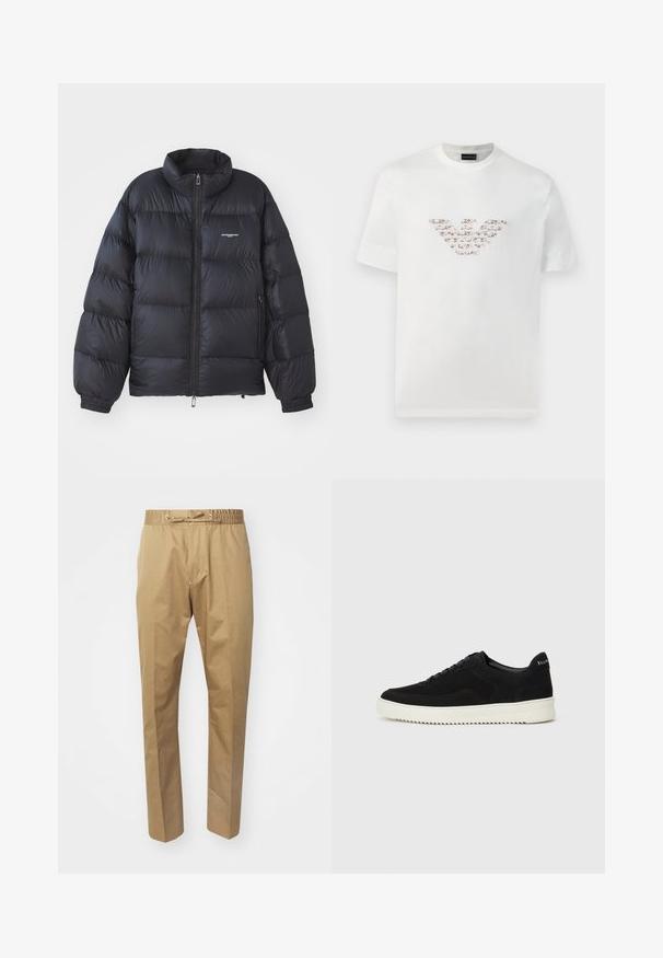 Črna puffer jakna z visokim ovratnikom, zadrgo, elastičnimi manšeti in logotipom na prsih. Gladek, sijoč material s podloženo zasnovo.; Bela bombažna majica s kratkimi rokavi in okroglo izrezom. Ima osrednji logotip v rožnati in rjavi barvi.; Bež hlače z elastičnim pasom in nastavljivo vrvico. Gladka tekstura, ravne noge in minimalističen dizajn.; Črni semiš teniški copati z vezalkami in kontrastnim belim gumijastim podplatom. Imajo teksturirane stranske panele in subtilno oznako na peti.