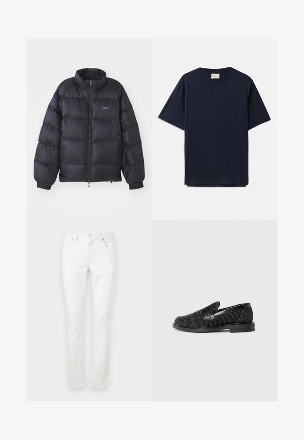 Schwarze Puffjacke mit hohem Kragen, Reißverschluss, elastischen Bündchen und einem Logo auf der Brust. Glattes, glänzendes Material mit gepolstertem Design.; Dunkelblauses Baumwoll-T-Shirt mit kurzen Ärmeln, Rundhalsausschnitt und lockerer Passform. Das Etikett am Ausschnitt trägt den Schriftzug "CLOSED". Glatte Textur.; Weiße Jeans im geraden Schnitt, mit fünf Taschen, und Metallknopfverschluss. Glatte Textur und minimale Nähdetails.; Schwarzer geflochtener Slipper mit einem glatten Lederakzent im Obermaterial, einem runden Zehendesign und einer flachen Gummisohle.