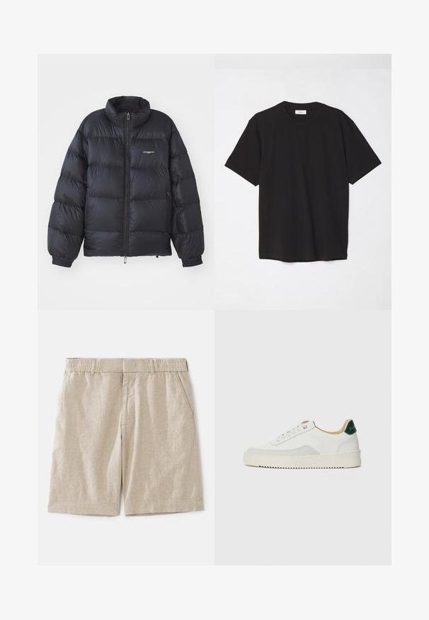 Chaqueta de plumas negra con cuello alto, cierre de cremallera, puños elásticos y un logo en el pecho. Material suave y brillante con un diseño acolchado.; Camiseta de algodón negra con cuello redondo, mangas cortas y un corte relajado. Diseño simple, textura suave y sin patrones o logotipos visibles.; Pantalones cortos de lino beige con un ajuste relajado, que cuentan con una cinturilla elástica y bolsillos laterales. Textura suave con un sutil patrón entretejido.; Zapatilla blanca con acentos de ante, puntera redondeada, cordones planos y suela de goma color crema. Presenta un logo verde en el talón.