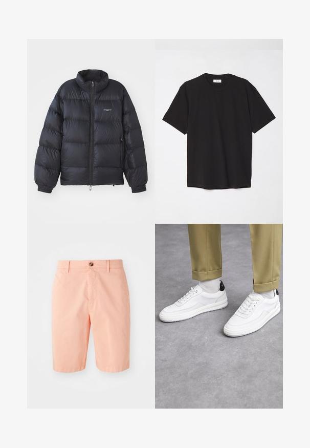 Schwarze Puffjacke mit hohem Kragen, Reißverschluss, elastischen Bündchen und einem Logo auf der Brust. Glattes, glänzendes Material mit gepolstertem Design.; Schwarzes Baumwoll-T-Shirt mit Rundhalsausschnitt, kurzen Ärmeln und lockerer Passform. Einfaches Design, glatte Textur und keine sichtbaren Muster oder Logos.; Pfirsichfarbene Shorts aus leichtem Material, mit klassischem Design, vorderem Knopfverschluss und Seitentaschen.; Weiße Sneakers mit einer strukturierten Lederoberfläche, abgerundeter Zehenpartie und schwarzem Fersenakzent. Gummisohle mit kleinem Profilmuster und genähten Details.