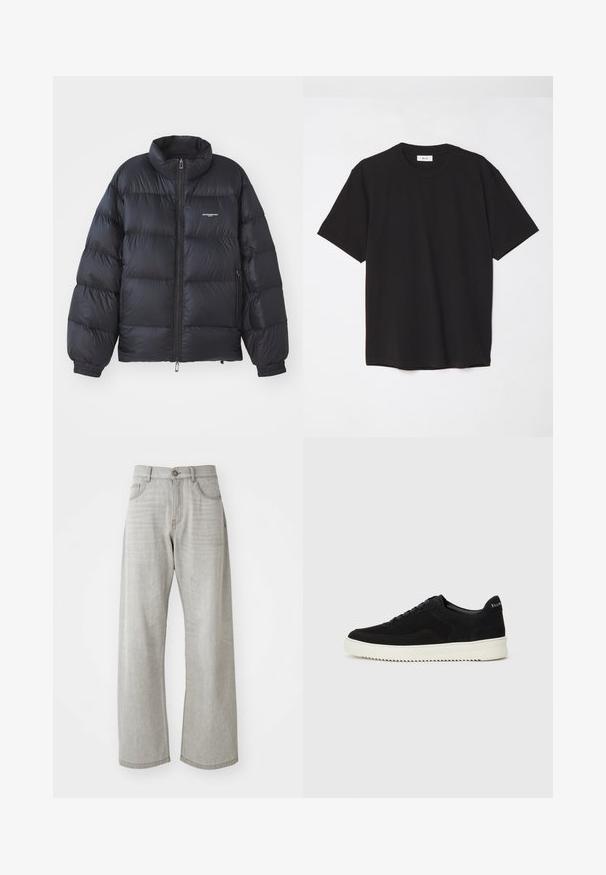 Juoda pūkinė striukė su aukštu apykakle, užtrauktuku, elastiniais rankogaliais ir logotipu krūtinėje. Sklandus, blizgus audinys su paminkštinta struktūra.; Juodas medvilninis marškinėlis su apvaliu kaklu, trumpomis rankovėmis ir laisvu siluetu. Paprastas dizainas, lygus paviršius ir be matomų raštų ar logotipų.; Šviesiai pilki plačios kojos džinsai pagaminti iš džinsinio audinio. Turis klasikinį penkių kišenių dizainą, užsegimą mygtuku ir subtilų blukimą audinyje.; Juodos veliūrinės sportinės bateliai su raištelių dizainu ir kontrastinga balta gumine padais. Yra tekstūruoti šoniniai skydeliai ir subtilus logotipas ant kulno.