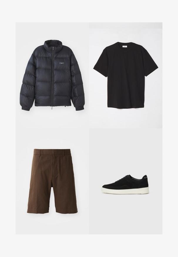 Veste en duvet noire avec col haut, fermeture éclair, poignets élastiques et logo sur la poitrine. Matériau lisse et brillant avec un design rembourré.; T-shirt en coton noir avec un col ras du cou, des manches courtes et une coupe décontractée. Design simple, texture lisse, sans motifs ni logos visibles.; Shorts en lin marron avec une coupe décontractée, une taille élastique et des jambes droites. Texture lisse avec un design simple et épuré.; Baskets en daim noir avec un design à lacets et une semelle en caoutchouc blanc contrastant. Comprend des panneaux latéraux texturés et un logo subtil sur le talon.