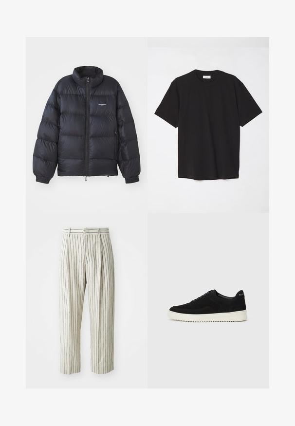 Melns pūkains jaka ar augstu apkakli, rāvējslēdzēja aizdari, elastīgām aprocēm un logotipu uz krūšdaļas. Gluda, spīdīga auduma, ar polsterētu dizainu.; Melna kokvilnas T-krekls ar apaļu kakla izgriezumu, īsām piedurknēm un brīvu piegulšanu. Vienkāršs dizains, gluda tekstūra un bez redzamām rakstiem vai logotipiem.; Baltie svītraini bikses, kas izgatavotas no viegla auduma, ar brīvu piegriezumu, krokiem un jostasvietu ar siksnas cilpiņām. Vertikālas tumši zilas svītras.; Melnas zamšas kedas ar auklām un kontrastējošu baltu gumijas zoli. Iekļauj teksturētas sānu panēles un diskretu zīmolu uz papēža.