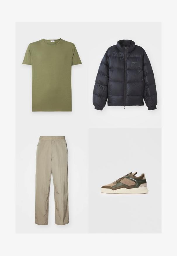 Must must takki, millel on kõrge krae, luku sulgemine, elastsed mansetid ja logo rinnal. Sile, läikiv materjal koos patendatud disainiga.; Olivroheline t-särk, mis on valmistatud pehmest puuvillasest kangast, klassikalise ümarate kaelustega ja lühikeste varrukatega. Kanga pind on sile ja ühtlane.; Bežid kerged püksid, millel on lõdvestatud sobivus, elastne vöökoht ja küljetaskud. Kangas näeb välja tekstuurne ja veidi kortsus.; Beez ja rohelised madalad tossud perforatsioonide jaotustega külgedel, valge tald, nööridega esiosa ning "FILLING PIECES" bränding külgpaneelil.