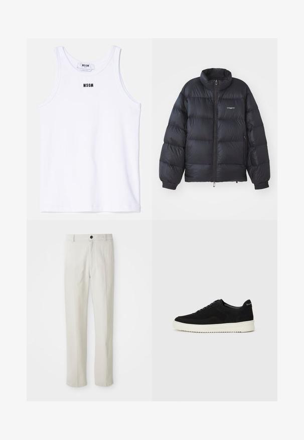 Schwarze Puffjacke mit hohem Kragen, Reißverschluss, elastischen Bündchen und einem Logo auf der Brust. Glattes, glänzendes Material mit gepolstertem Design.; Weißes Baumwoll-Top mit geripptem Design, versehen mit einem schwarzen gestickten Logo "MSGM" zentral auf der Brust. Schlichtes, puristisches Design.; Beige gerade geschnittene Hose mit Gürtelschlaufen, vorderem Knopf und Reißverschluss, flach auf einem weißen Hintergrund präsentiert.; Schwarze Wildleder-Sneaker mit Schnürdesign und kontrastierender weißer Gummisohle. Verfügt über strukturierte Seitenpaneele und dezentes Branding an der Ferse.
