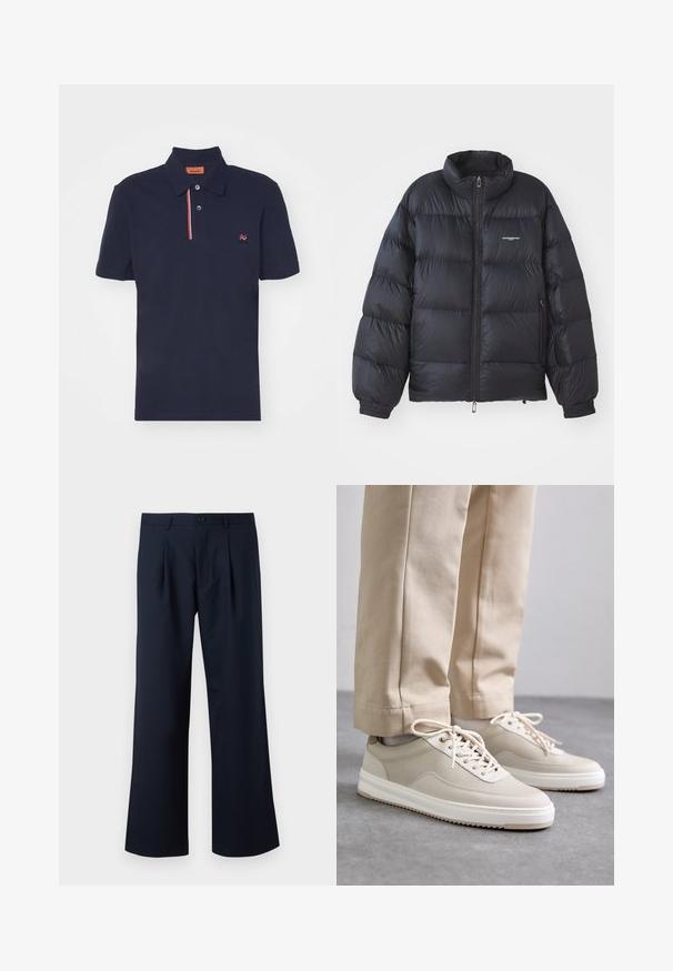 Černá péřová bunda s vysokým límcem, zipovým zapínáním, elastickými manžetami a logem na hrudi. Hladký, lesklý materiál s polstrovaným designem.; Námořnická polokošile vyrobená z bavlny s klasickým límcem, třemi knoflíky a červenými a bílými akcentními pruhy na léze. Malé logo na hrudi.; Námořnické modré kalhoty s upraveným střihem, širokým nohavicemi, předními záhyby a jedním knoflíkem v pase. Hladká textilie.; Beige tenisky s texturovaným svrškem, bílými podrážkami a prošívanými detaily, v kombinaci s béžovými kalhotami, vystavené na šedém povrchu.