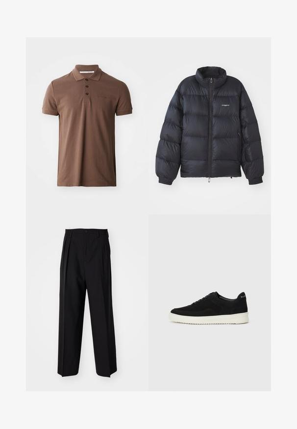 Čierna páperová bunda s vysokým golierom, zipsom, elastickými manžetami a logom na hrudi. Hladký, lesklý materiál s vypchávkovým dizajnom.; Hnedé polo tričko vyrobené z bavlny, s klasickým golierom, tromi gombíkmi a krátkymi rukávmi; má vyšitú nášivku na hrudi.; Čierne skladané nohavice s rovnom, širokým strihom. Vyrobené z hladkého materiálu, s gombíkovým zapínaním a pútkami na opasok.; Čierne semišové tenisky s šnurovacím dizajnom a kontrastnou bielou gumovou podrážkou. Obsahujú štruktúrované bočné panely a jemné logo na päte.