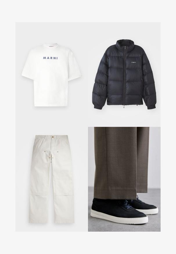 Zwarte pufferjack met een hoge kraag, ritssluiting, elastische manchetten en een logo op de borst. Glad, glanzend materiaal met een gewatteerd ontwerp.; Witte katoenen t-shirt met korte mouwen en een ronde hals. Kenmerkt zich door "MARNI" die in blauwe strepen over de voorkant is gedrukt.; Witte katoenen broek met een relaxte pasvorm, voorzien van voorkanten, gouden hardware-accenten en kniestukdetails.; Zwarte suède sneakers met witte rubberen zolen, voorzien van een ronde neus en veters, gedragen met grijze tailored broek.