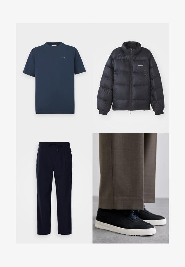 Sort pufferjakke med høj krave, lynlås i front, elastiske cuff-kanter og et logo på brystet. Glat, shiny materiale med polstret design.; Marineblå kortærmet t-shirt med rund hals og lille hvid "NN. 07" logo på venstre bryst mod en hvid baggrund.; J.LINDEBERG JIN PLEATED - Bukser - navy; Sorte ruskind sneakers med hvide gummisåler, med rund tå og snørebånd, båret med grå skræddersyede bukser.