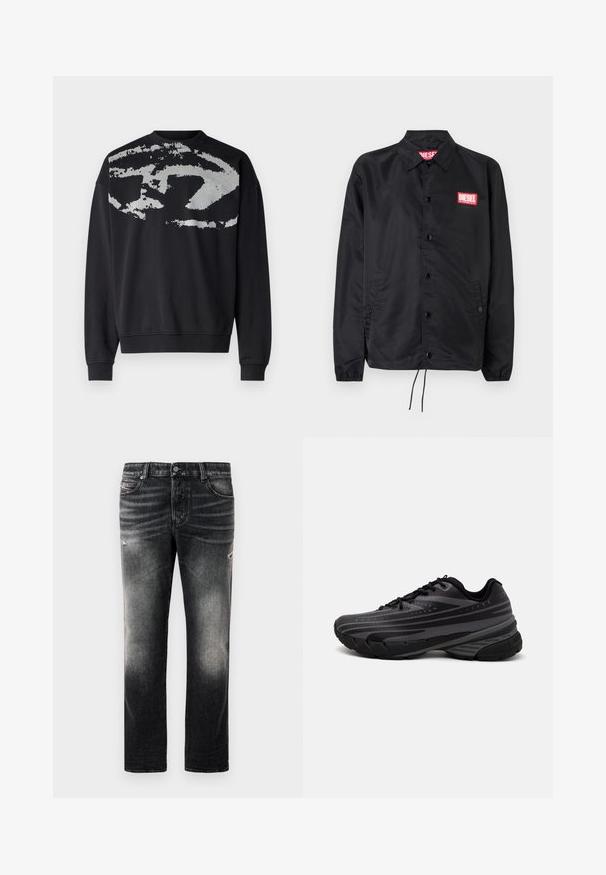 Melnā jaka no gludas, vieglas materiāla, ar pogu aizdari, elastīgām piedurknēm, sānu kabatām un sarkanu Diesel logo uzšuvumu.; Melna sporta krekls ar teksturētu, abstraktu pelēku rakstu aizmugurē. Tam ir apaļa kakla izgriezums, garas piedurknes un ribota rokraksts.; Melnas džinsas ar izbalējušu apdari un nolietojuma akcentiem, standarta piecu kabatu dizains un rāvējslēdzēja aizdare. Izgatavoti no denim auduma.; Melnas skriešanas kurpes ar teksturētu virsu, kurai ir pelēkas svītras. Biezs zole nodrošina amortizāciju, apaļa purngalu un plakanas šņorītes, lai nodrošinātu drošu piegulšanu.