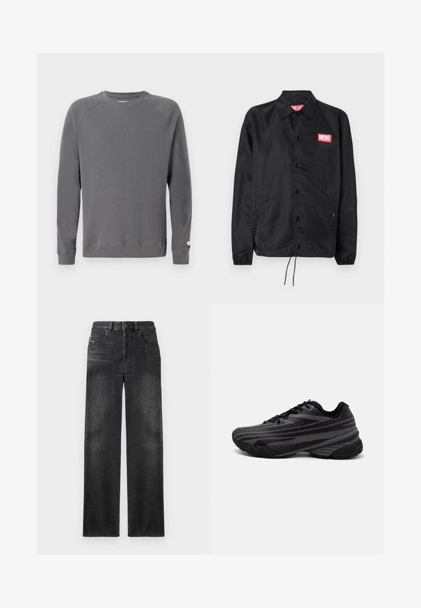 Jaqueta preta feita de material suave e leve, com fecho de botão na frente, punhos elásticos, bolsos laterais e um patch do logótipo vermelho da Diesel.; Sweatshirt cinza, texturizado, de mangas longas, com um padrão canelado, decote redondo e um pequeno logótipo na manga.; Camiseta de algodão preta com decote redondo e mangas curtas. Apresenta um pequeno logótipo prata bordado na parte central da frente.; Calças de ganga de perna reta pretas, com cinco bolsos, passadores de cinto e um leve desbotado no tecido para textura.; Shoe de corrida preta com um cabedal texturizado apresentando riscas cinzentas. Sola grossa para amortecimento, bico redondo e atacadores planos para um ajuste seguro.