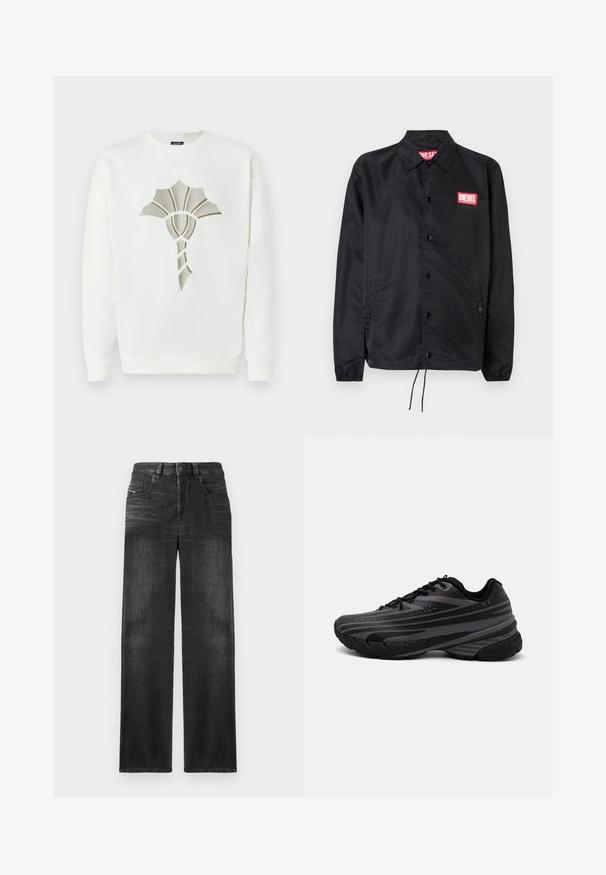 Juoda striukė, pagaminta iš lygaus, lengvo medžiagų, su mygtukų priekyje, elastinėmis rankovėmis, šoninėmis kišenėmis ir raudonu "Diesel" logotipo ženkleliu.; Baltas džemperis su tekstūruotu metalizuotu auksiniu ir sidabriniu apvaliu raštu viduryje; turi apvalią iškirptę ir pynimo stiliaus rankoves.; Juodos tiesios kojų džinsai, pagaminti iš džinsinio audinio, su penkiomis kišenėmis, diržo kilpomis ir švelniu audinio blukimu, kuris suteikia tekstūrą.; Juodas bėgimo batelis su tekstūruotu viršumi, kuriame yra pilkos juostos. Storas padas amortizacijai, apvalus pirštas ir plokščios raištelės tvirtam prigludimui.