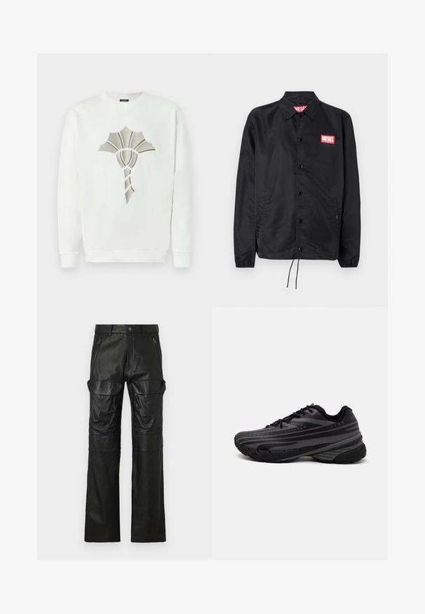 Czarna kurtka wykonana z gładkiego, lekkiego materiału, z przodem na guziki, elastycznymi mankietami, bocznymi kieszeniami i czerwoną naszywką z logo Diesel.; Biała bluza z teksturowanym, metalicznym złotym i srebrnym wzorem na środku; posiada okrągły dekolt i ściągacze przy mankietach.; Czarna skórzana spodnie o prostym kroju, z dwiema przednimi kieszeniami na zamek oraz dużymi kieszeniami bocznymi, które zapewniają dodatkową przestrzeń do przechowywania.; Czarna biegowa obuwie z teksturowaną cholewką z szarymi paskami. Gruba podeszwa dla amortyzacji, okrągły czubek i płaskie sznurowadła zapewniające pewne dopasowanie.
