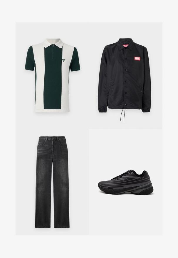 Melnā jaka no gludas, vieglas materiāla, ar pogu aizdari, elastīgām piedurknēm, sānu kabatām un sarkanu Diesel logo uzšuvumu.; Zaļgans un balts svītrots polo krekls ar rāvējslēdzēja apkakli, teksturēta auduma un neliels trīsstūra logotips kreisajā krūtī.; Melni taisni denim džinsi ar piecām kabatām, jostu cilpām un viegli izbalējušu audumu, kas piešķir struktūru.; Melnas skriešanas kurpes ar teksturētu virsu, kurai ir pelēkas svītras. Biezs zole nodrošina amortizāciju, apaļa purngalu un plakanas šņorītes, lai nodrošinātu drošu piegulšanu.