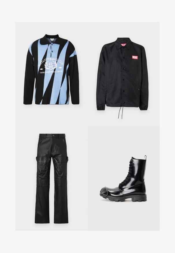 Veste noire en matériau lisse et léger, avec un devant à boutons, des poignets élastiques, des poches latérales et un patch logo rouge Diesel.; Polo tricoté noir, bleu et blanc avec des motifs géométriques. Doté d'un col, d'une patte de boutonnage et d'un texte graphique sur la poitrine. Manches longues.; Pantalons en cuir noir avec une coupe droite, dotés de deux poches zippées à l'avant et de grandes poches latérales pour un espace de rangement supplémentaire.; Bottines de combat en cuir verni noir avec une finition brillante, design à lacets, épaisse semelle en caoutchouc et détail de quincaillerie distinctif à l'avant.