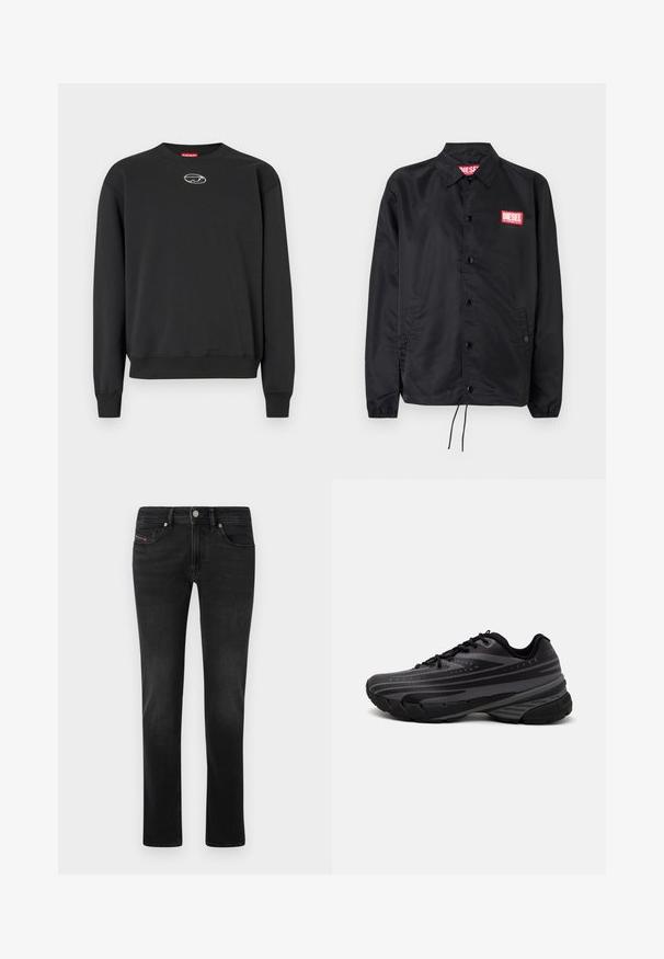 Jaqueta preta feita de material suave e leve, com fecho de botão na frente, punhos elásticos, bolsos laterais e um patch do logótipo vermelho da Diesel.; Sweatshirt preto feito de tecido suave, com gola redonda, mangas longas, punhos canelados e um pequeno logotipo ao centro. Design simples.; Camisola preta sem mangas feita de tecido suave, com decote redondo, aberturas para os braços e um pequeno logótipo vermelho no peito. Design simples.; Calças de ganga preta com um design de perna reta, apresentando bolsos dianteiros e traseiros, desvanecimentos subtis e fecho de botão em metal.; Shoe de corrida preta com um cabedal texturizado apresentando riscas cinzentas. Sola grossa para amortecimento, bico redondo e atacadores planos para um ajuste seguro.
