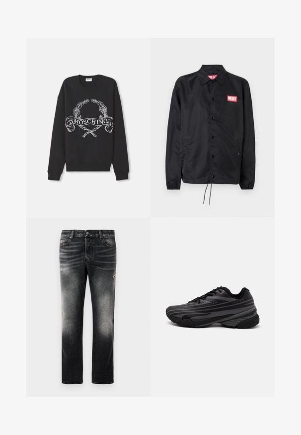 Black jacket made of smooth, lightweight material, featuring a button front, elastic cuffs, side pockets, and a red Diesel logo patch.; Black crewneck sweatshirt with white laurel wreath and crossed sticks design, and "MOSCHINO" text banner across the front.; Black jeans featuring a faded finish with distressed accents, standard five-pocket design, and a zip-fly closure. Made of denim fabric.; Black running shoe with a textured upper featuring gray stripes. Thick sole for cushioning, round toe, and flat laces for secure fit.