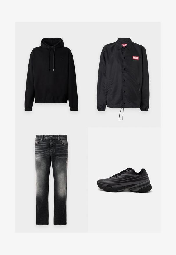 Črna jakna iz gladkega, lahkega materiala, z gumbnim zapiranjem, elastičnimi manšetami, stranskimi žepi in rdečim logotipom Diesel.; Črn pulover s kapuco in vrvico, z elastičnimi manšetami in robom. Ima majhen, ton na ton logotip na prsih. Mehak tekstil.; Črne kavbojke z blagim oljčnim opravkom in raztrganimi detajli, standardnim petimi žepi in zapiranjem na zadrgo. Narejene so iz denim tkanine.; Črne tekaške copate z teksturiranim zgornjim delom, ki ima sive črte. Debel podplat za blaženje udarcev, okrogla konica in ravne vezalke za varen oprijem.