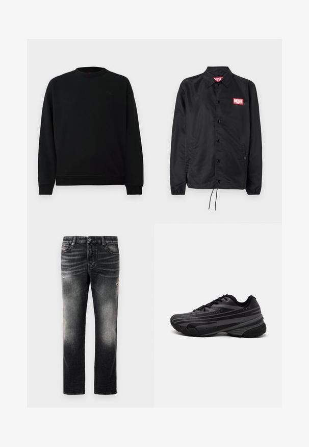 Svart jakke laget av glatt, lett materiale, med knappelukking, elastiske mansjetter, sidelommer og en rød Diesel-logo-patch.; Svart sweatshirt laget av myk stoff, med rund hals, ribbede mansjetter og et lite emblem på brystet. Enkelt, uforfalsket design.; Sorte jeans med en falmet finish og slidte detaljer, standard fem-lomme-design og glidelås foran. Laget av denimstoff.; Svarte joggesko med en teksturert overdel som har grå striper. Tykk såle for demping, rund tå og flate snører for en sikker passform.