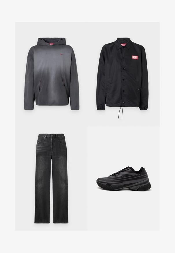 Čierna bunda vyrobená z hladkého, ľahkého materiálu, s predným zapínaním na gombíky, elastickými manžetami, bočnými vreckami a červeným logom Diesel na nášivke.; Tmavosivé mikina s kapucňou s malým červeným logom na hrudi a dvoma prednými vreckami, zobrazená na bielom pozadí.; Čierne rovné džínsy z denimu, s piatimi vreckami, pútkami na opasok a jemným vyblednutím na látke pre textúru.; Čierna bežecká obuv s textúrovaným zvrškom, ktorý má šedé pruhy. Hrubá podrážka pre odpruženie, okrúly špička a ploché šnúrky na bezpečné uchytenie.