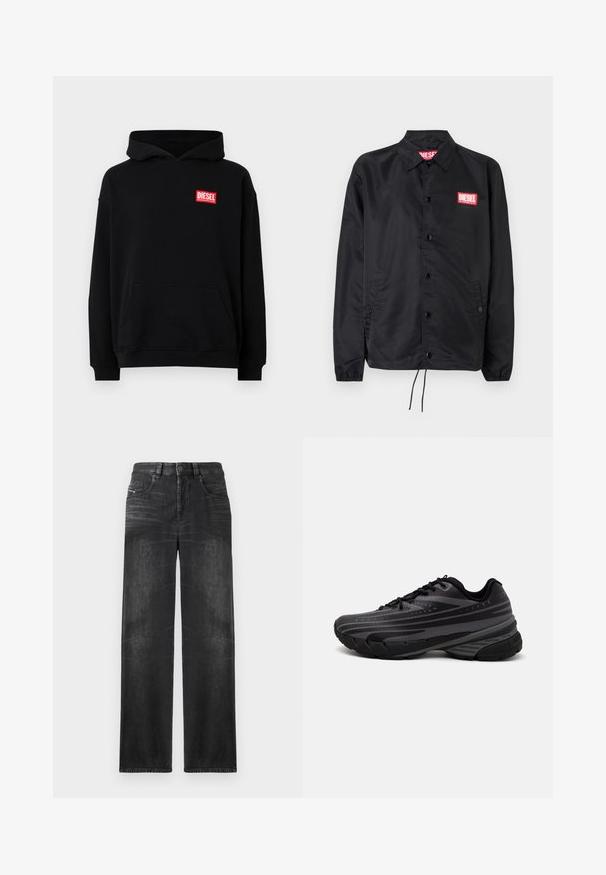 Black jacket made of smooth, lightweight material, featuring a button front, elastic cuffs, side pockets, and a red Diesel logo patch.; Black hooded sweatshirt with a front pocket, featuring a red rectangular "DIESEL" logo. Made of soft fabric with ribbed cuffs.; Black straight-leg jeans made of denim, featuring five pockets, belt loops, and subtle fading on the fabric for texture.; Black running shoe with a textured upper featuring gray stripes. Thick sole for cushioning, round toe, and flat laces for secure fit.