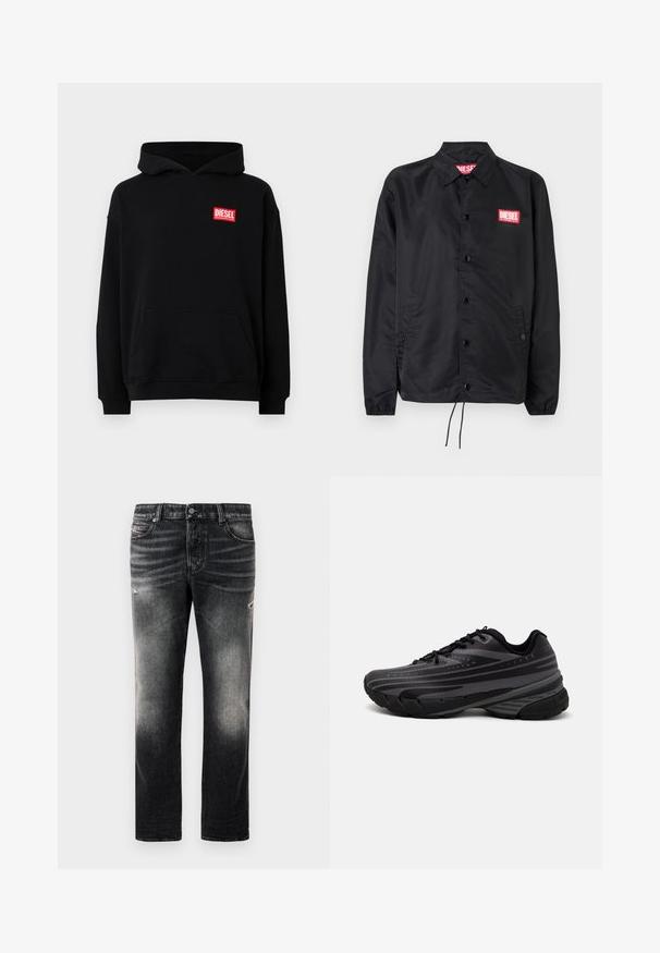 Črna jakna iz gladkega, lahkega materiala, z gumbnim zapiranjem, elastičnimi manšetami, stranskimi žepi in rdečim logotipom Diesel.; Črna kapuca s sprednjo žepno torbo, ki ima rdeč pravokotnik z logotipom "DIESEL". Narejena je iz mehkega materiala z rebrastimi manšetami.; Črne kavbojke z blagim oljčnim opravkom in raztrganimi detajli, standardnim petimi žepi in zapiranjem na zadrgo. Narejene so iz denim tkanine.; Črne tekaške copate z teksturiranim zgornjim delom, ki ima sive črte. Debel podplat za blaženje udarcev, okrogla konica in ravne vezalke za varen oprijem.