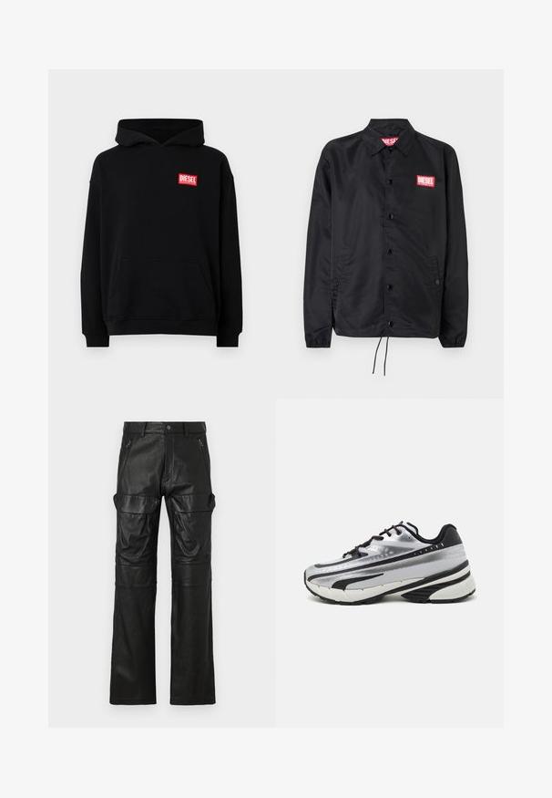 Giacca nera realizzata in materiale liscio e leggero, con chiusura a bottoni, polsini elasticizzati, tasche laterali e una patch con il logo rosso Diesel.; Felpa nera con cappuccio e tasca frontale, caratterizzata da un logo rettangolare rosso "DIESEL". Realizzata in tessuto morbido con polsini a costine.; Pantaloni in pelle nera con design a gamba dritta, dotati di due tasche anteriori con zip e ampie tasche laterali per un'ulteriore capacità di stoccaggio.; Scarpa da corsa con tomaia in rete argento, dettagli neri e suola bianca. Presenta un design testurizzato e lacci neri. Leggera e ammortizzata.