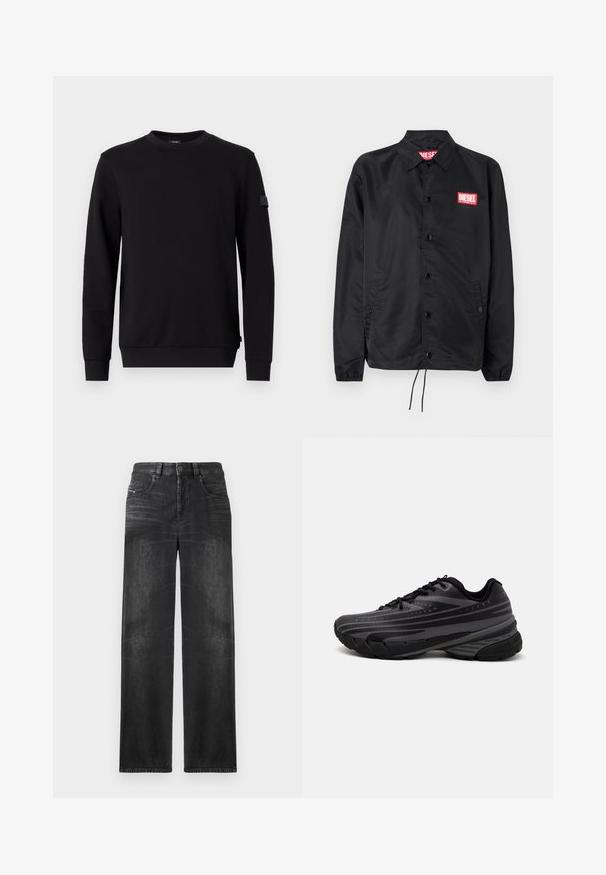 Zwarte jack van soepel, lichtgewicht materiaal, met een knoopsluiting, elastische manchetten, zijzakken en een rood Diesel logo patch.; JOOP! STEVE - Sweater - black; Zwarte rechte jeans van denim, met vijf zakken, riemlussen en subtiele vervaging op de stof voor textuur.; Zwarte hardloopschoen met een gestructureerde bovenkant met grijze strepen. Dikke zool voor demping, ronde neus en platte veters voor een veilige pasvorm.