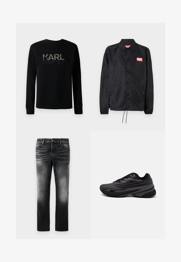 Black jacket made of smooth, lightweight material, featuring a button front, elastic cuffs, side pockets, and a red Diesel logo patch.; Black long-sleeve sweatshirt with textured "KARL LAGERFELD" logo embroidered on the chest, featuring a simple round neckline.; Black jeans featuring a faded finish with distressed accents, standard five-pocket design, and a zip-fly closure. Made of denim fabric.; Black running shoe with a textured upper featuring gray stripes. Thick sole for cushioning, round toe, and flat laces for secure fit.