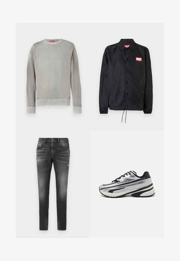 Fekete dzseki sima, könnyű anyagból, gombos elülső résszel, rugalmas mandzsettákkal, oldalsó zsebekkel és egy piros Diesel logós folttal.; Világosszürke pulóver kerek nyakkivágással, hosszú ujjakkal, bordás mandzsettákkal és szegéllyel. Puha anyagból készült, sima tapintással. Látható márkacímkével rendelkezik.; Szürke farmernadrág, slim fit szabású, enyhe kopásokkal, megviselt részletekkel és hagyományos gombos záródással.; Futócipő ezüst hálós felsőrésszel, fekete részletekkel és fehér talppal. Texturált mintázattal és fekete fűzővel rendelkezik. Könnyű és párnázott.