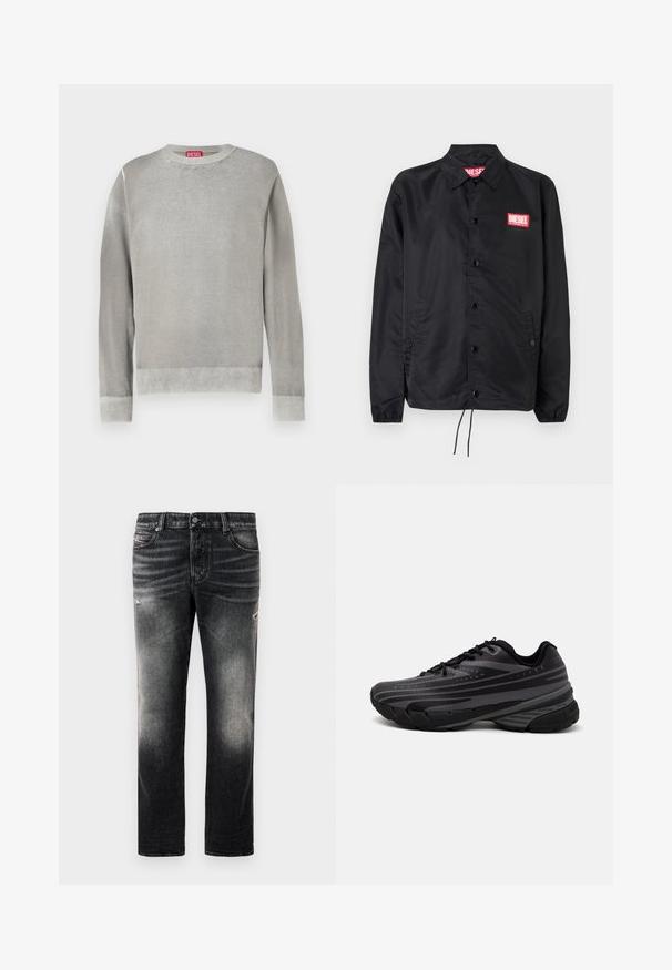 Zwarte jack van soepel, lichtgewicht materiaal, met een knoopsluiting, elastische manchetten, zijzakken en een rood Diesel logo patch.; Lichtgrijze trui met een ronde hals, lange mouwen, ribgebreide manchetten en zoom. Gemaakt van zacht materiaal met een gladde textuur. Heeft een zichtbare merklabel.; Zwarte jeans met een vervaagde afwerking en versleten accenten, standaard vijf-pocket ontwerp en een ritssluiting. Gemaakt van denimstof.; Zwarte hardloopschoen met een gestructureerde bovenkant met grijze strepen. Dikke zool voor demping, ronde neus en platte veters voor een veilige pasvorm.