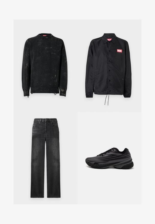 Jachetă neagră dintr-un material neted și ușor, cu închidere prin butoane, manșete elastice, buzunare laterale și o etichetă roșie cu logo-ul Diesel.; Pulover negru tricotat, cu gât rotund, manșete și tiv reiat. Prezintă o textură uzată cu pete mai deschise la culoare. Fermuare laterale pentru ajustare.; Jeans negri cu picioare drepte, fabricate din denim, având cinci buzunare, bucle pentru curea și o ușoară decolorare pe material pentru textură.; Pantof de alergare negru cu un superior texturat, având dungi gri. Talpă groasă pentru amortizare, vârf rotund și șireturi plate pentru o potrivire sigură.