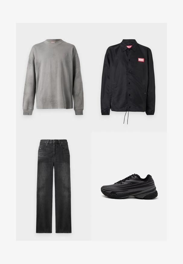 Svart jacka i ett slätt, lätt material med knappstängning, elastiska ärmslut, sidofickor och en röd Diesel-logolapp.; Grå sweatshirt med långa ärmar, rund hals och en strukturerad yta. Har ett subtilt sprickmönster och en liten logotypdetalj på bröstet.; Svarta rak ben-jeans i denim, med fem fickor, bälteshällor och subtila blekningar på tyget för struktur.; Svart löparsko med en texturerad ovandel och grå ränder. Tjock sula för dämpning, rund tå och platta snören för en säker passform.