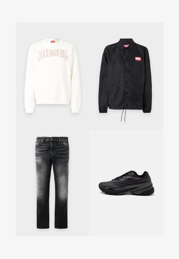 Crna jakna od glatkog, laganog materijala, s prednjim kopčanjem na dugmad, elastičnim manžetama, bočnim džepovima i crvenim Diesel logotipom.; Bijela majica dugih rukava s rebrastim manžetnama i rubom, s narančasto ušivenim logotipom "DIESEL" preko prsiju i okruglim izrezom na vratu.; Crne traperice s izblijedjelim finišom i istrošenim detaljima, standardnim dizajnom s pet džepova i zatvaračem. Izrađene od traper tkanine.; Crna tenisica za trčanje s teksturiranim gornjim dijelom koji ima sive pruge. Debeli potplat za amortizaciju, okrugli vrh i ravne vezice za sigurno pristajanje.