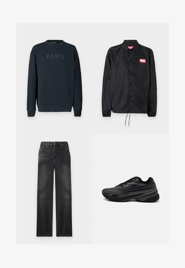 Chaqueta negra hecha de un material suave y ligero, con cierre de botones en el frente, puños elásticos, bolsillos laterales y un parche con el logo rojo de Diesel.; Sudadera azul marino oscuro hecha de algodón suave, con cuello redondo, mangas largas y texto en relieve que dice "PARÍS" en el frente.; Vaqueros negros de pierna recta hechos de denim, con cinco bolsillos, trabillas para cinturón y un ligero desgaste en la tela para darle textura.; Zapatilla de running negra con parte superior texturizada que presenta franjas grises. Suela gruesa para amortiguación, puntera redonda y cordones planos para un ajuste seguro.