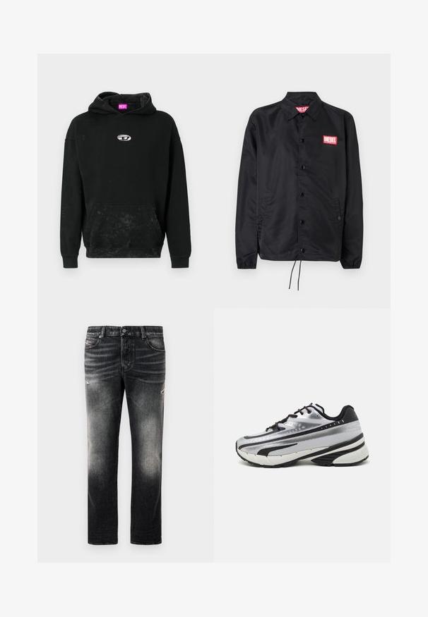 Chaqueta negra hecha de un material suave y ligero, con cierre de botones en el frente, puños elásticos, bolsillos laterales y un parche con el logo rojo de Diesel.; Sudadera negra hecha de una mezcla de algodón, con un bolsillo tipo canguro en la parte delantera, un acento de logo plateado y un acabado texturizado con una ligera decoloración.; Camiseta sin mangas de algodón negra con cuello redondo. Pequeño logo rojo de Diesel bordado en el pecho. Textura suave, forma ajustada.; Jeans negros con acabado desgastado y toques rasgados, diseño estándar de cinco bolsillos y cierre con cremallera. Elaborados en tela de denim.; Zapatilla de running con parte superior de malla plateada, acentos negros y suela blanca. Presenta un diseño texturizado y cordones negros. Ligera y acolchada.