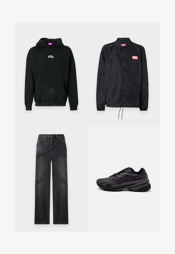 Čierna bunda vyrobená z hladkého, ľahkého materiálu, s predným zapínaním na gombíky, elastickými manžetami, bočnými vreckami a červeným logom Diesel na nášivke.; Čierna mikina s kapucňou vyrobená z bavlneného zmesi, s predným klokaním vreckom, strieborným logom a štruktúrovaným povrchom s jemným zafarbením.; Čierne rovné džínsy z denimu, s piatimi vreckami, pútkami na opasok a jemným vyblednutím na látke pre textúru.; Čierna bežecká obuv s textúrovaným zvrškom, ktorý má šedé pruhy. Hrubá podrážka pre odpruženie, okrúly špička a ploché šnúrky na bezpečné uchytenie.