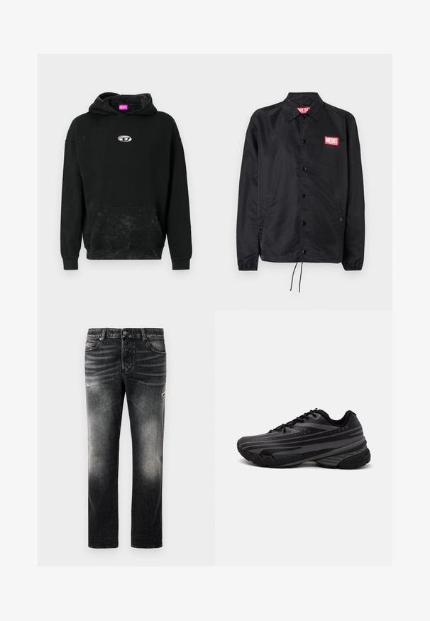 Jachetă neagră dintr-un material neted și ușor, cu închidere prin butoane, manșete elastice, buzunare laterale și o etichetă roșie cu logo-ul Diesel.; Hanorac negru dintr-un amestec de bumbac, dotat cu o jantă în față de tip kangaroo, un accent de logo argintiu și un finisaj texturat cu o decolorare subtilă.; Blugi negri cu un finisaj decolorat și accente uzate, design standard cu cinci buzunare și închidere cu fermoar. Fabricati din material denim.; Pantof de alergare negru cu un superior texturat, având dungi gri. Talpă groasă pentru amortizare, vârf rotund și șireturi plate pentru o potrivire sigură.