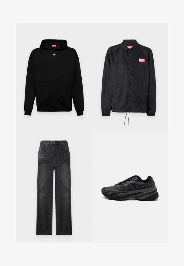 Černá bunda z hladkého, lehkého materiálu, s knoflíkovou přední částí, elastickými manžetami, bočními kapsami a červenou nášivkou Diesel logo.; Černá mikina s kapucí vyrobená z měkké bavlněné směsi, s přední kapsou, žebrovanými manžetami a malým červeným logem na prsou. Jednoduchý design.; Černé džíny rovného střihu vyrobené z denimu, s pěti kapsami, poutky na opasek a jemným vyblednutím na látce pro texturu.; Černá běžecká bota s texturovaným svrškem zdobeným šedými pruhy. Silná podešev pro odpružení, kulatá špička a ploché tkaničky pro bezpečné uchycení.