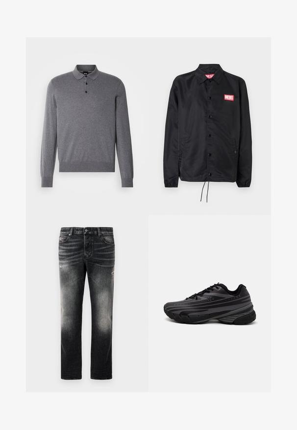 Must must, misasest kergest ja siledast materjalist, nupuvälinge, elastsete mansettide, küljetaskute ning punase Diesel logo plaastriga.; Hall pika varrukatega polo särk, mis on valmistatud pehmest kangast, omab kraed, kolme nupuga kaelust ning soonikkoes mansette ja alläänt.; Mustad mustast denimist valmistatud teksad, millel on kulunud viimistlus ja kulumine, tavaline viie tasku disain ning tõmblukuga sulgemine.; Mustad musta jooksujalats, mille tekstureeritud ülemine osa on hallide triipudega. Paks tallaga mugavuse tagamiseks, ümar varvas ja tasased paelad kindla istuvuse saavutamiseks.