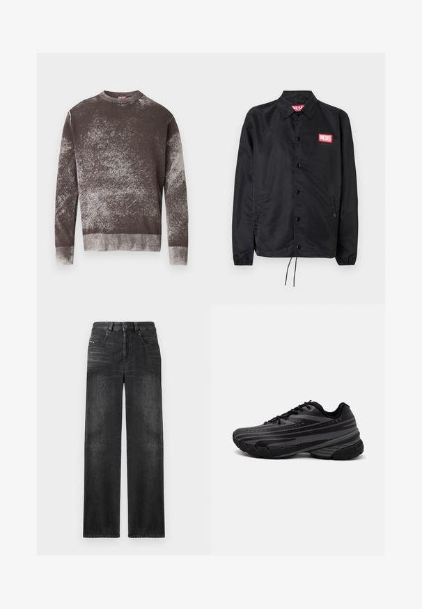 Crna jakna od glatkog, laganog materijala, s prednjim kopčanjem na dugmad, elastičnim manžetama, bočnim džepovima i crvenim Diesel logotipom.; Smeđi i sivi mramorni džemper s dugim rukavima i okruglim izrezom, sa rebrastim manšetama i rubom, ukrašen malim vezenim logom na prsima.; Crna pamučna majica s okruglim izrezom i kratkim rukavima. Ima mali, srebrni logo izvezen na prednjem dijelu.; Crne ravne traperice izrađene od denima, s pet džepova, petljama za remen i suptilnim izbljeđenjem na tkanini za teksturu.; Crna tenisica za trčanje s teksturiranim gornjim dijelom koji ima sive pruge. Debeli potplat za amortizaciju, okrugli vrh i ravne vezice za sigurno pristajanje.